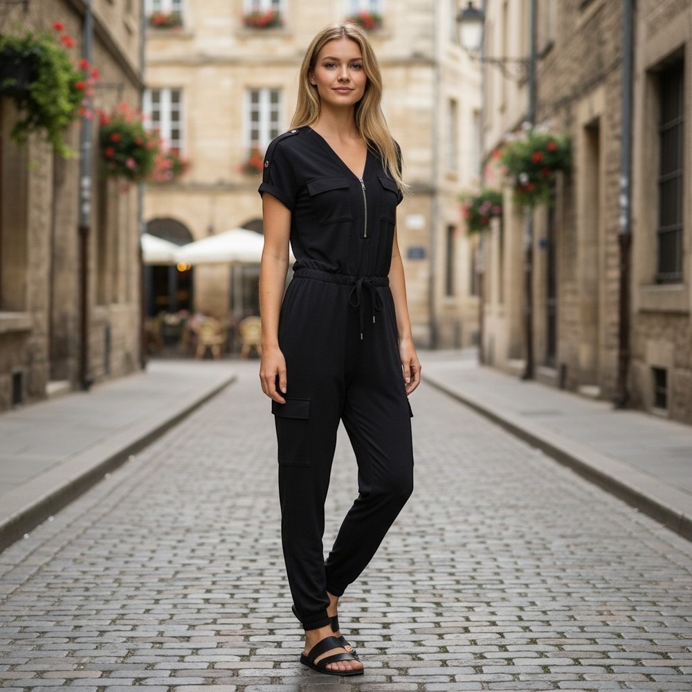 Drew Jumpsuit XS Black Excellent Half Zip Short Sleeve Utility Jogger‎ Pockets